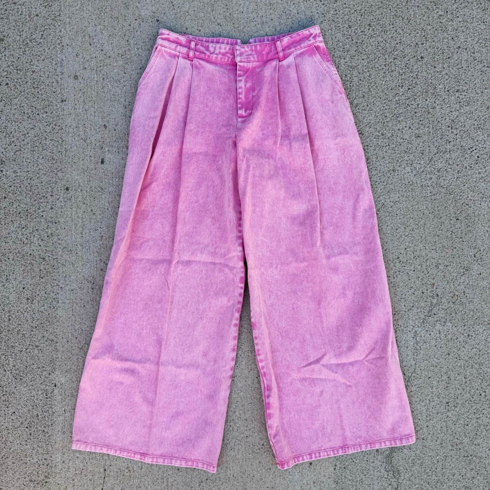 Avec Les Filles Pink Acid Wash Wide Leg Denim Pants High Waist Pleated 28 NWT